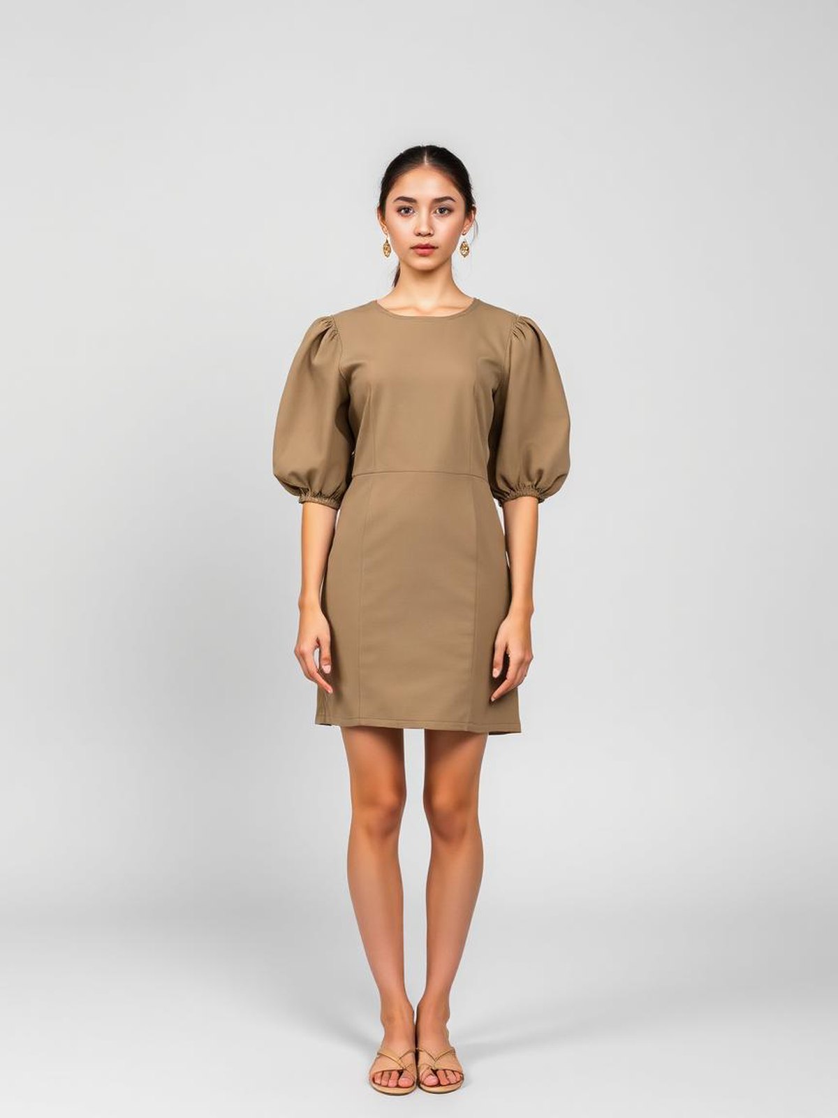 Khaki Puff Sleeve Mini Dress — Khaki