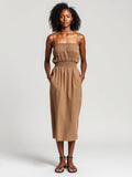 Khaki Smocked Midi Dress — Khaki