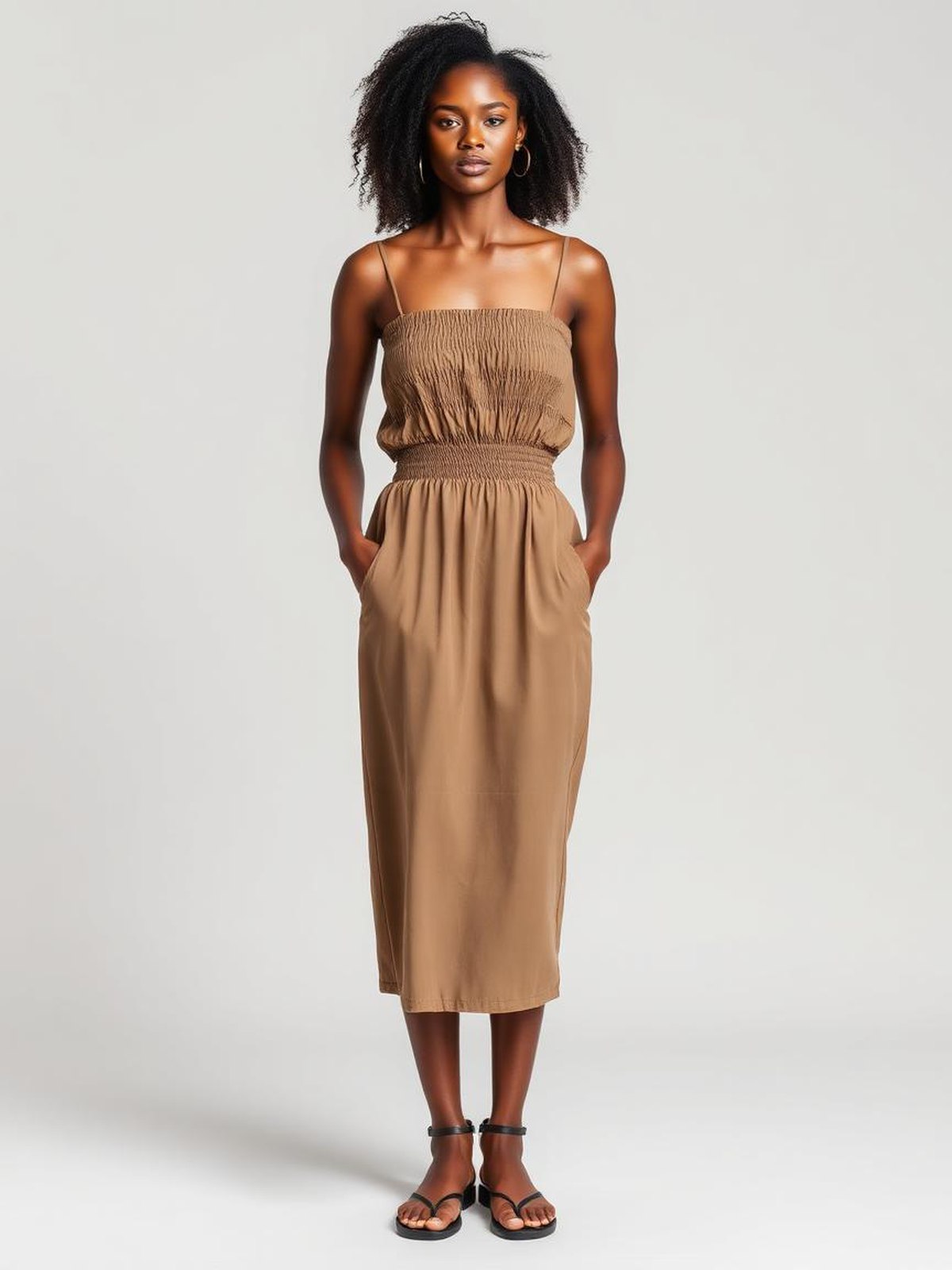 Khaki Smocked Midi Dress — Khaki