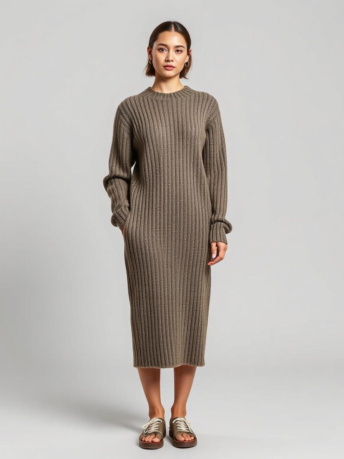 Knitted Sweater Dress — Khaki