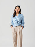 Light Blue Satin Draped Blouse — Light Blue