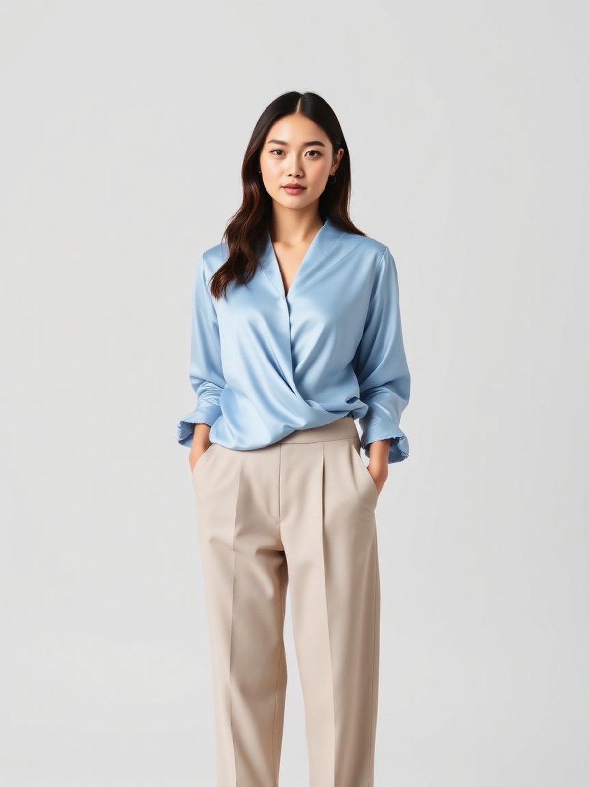 Light Blue Satin Draped Blouse — Light Blue