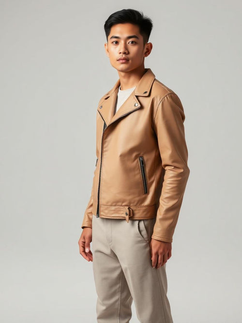 Beige Faux Leather Biker Jacket — Beige