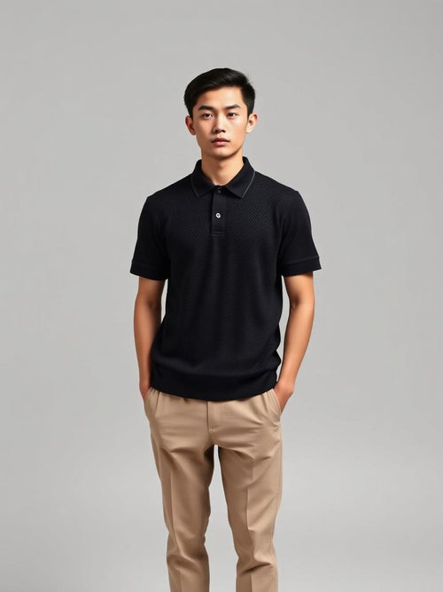 Black Textured Knit Polo — Black