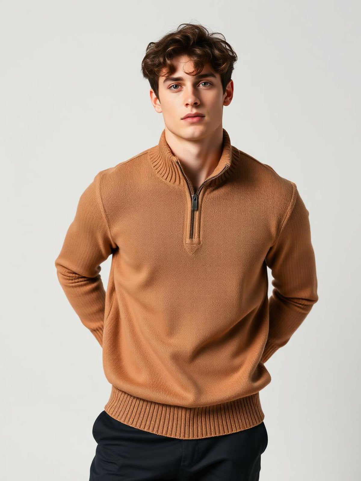 Camel Quarter Zip Knit Sweater