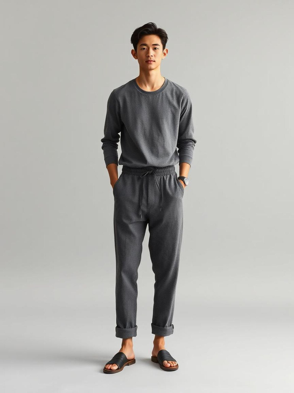 Charcoal Drawstring Linen Trousers