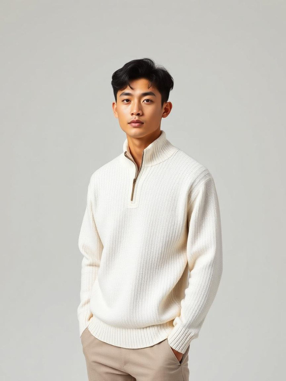 Cream Quarter Zip Knit Sweater