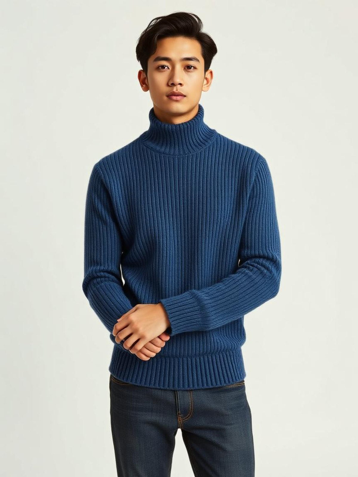 Denim Blue Ribbed Turtleneck Sweater
