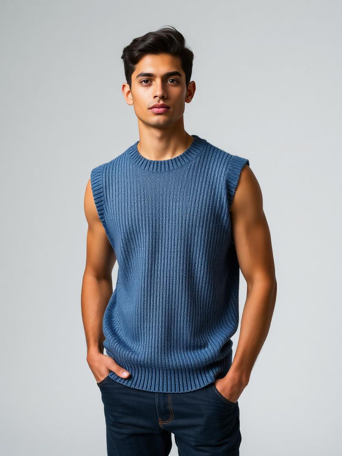 Denim Blue Textured Knit Sweater Vest