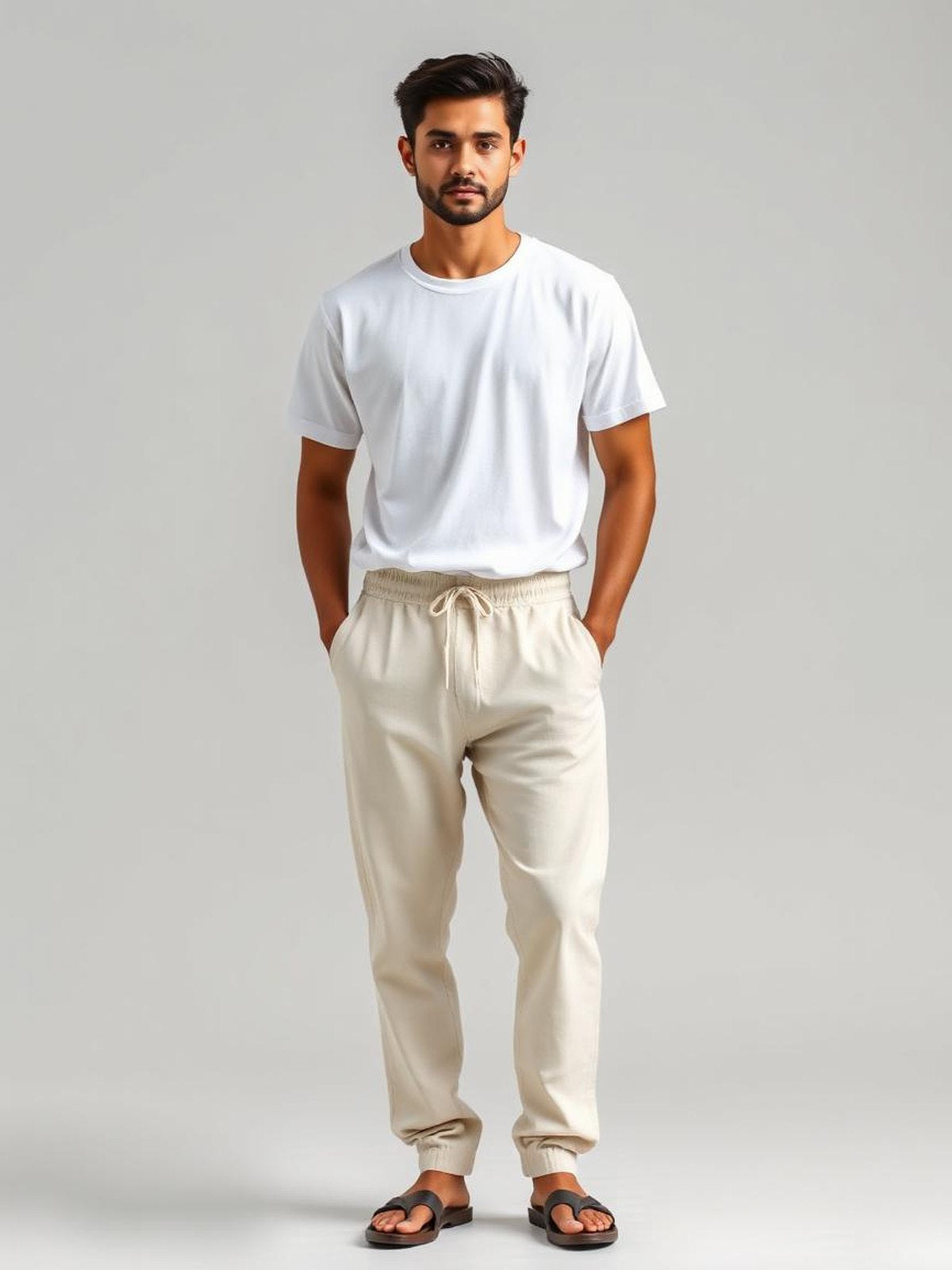 Ecru Drawstring Linen Trousers — Ecru