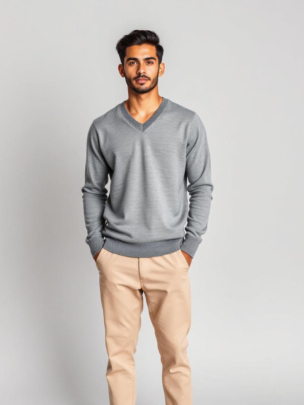 Grey Lightweight V-Neck Sweater — Grey