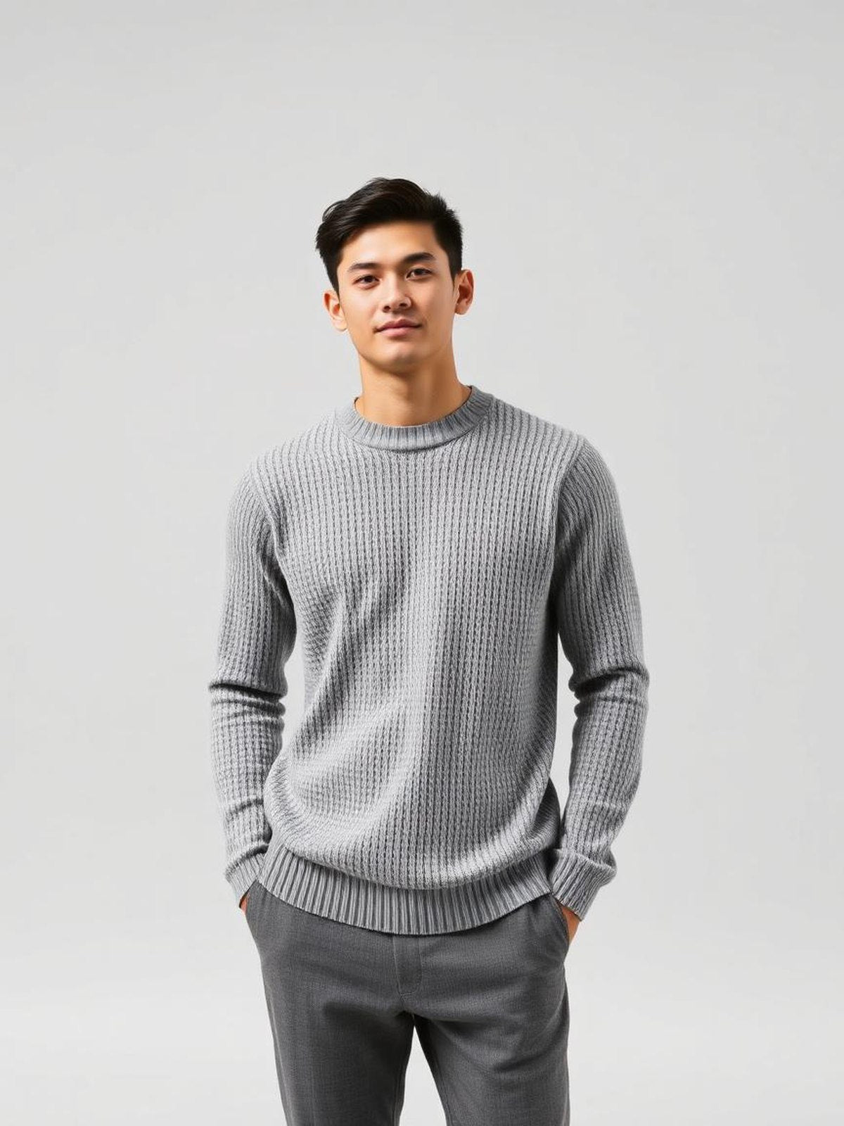 Grey Melange Waffle Knit Long Sleeve