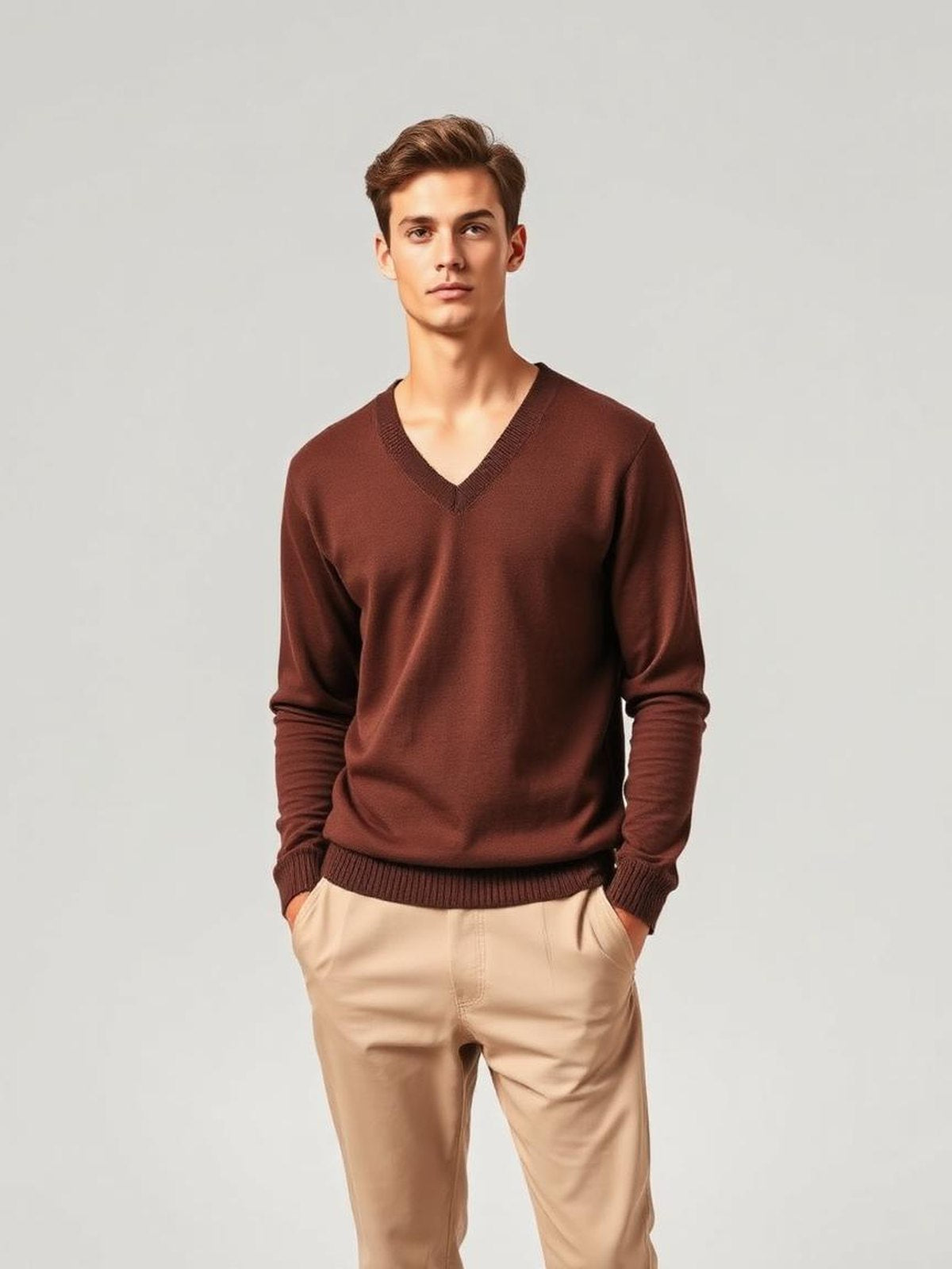 Lightweight V-Neck Sweater — Brown