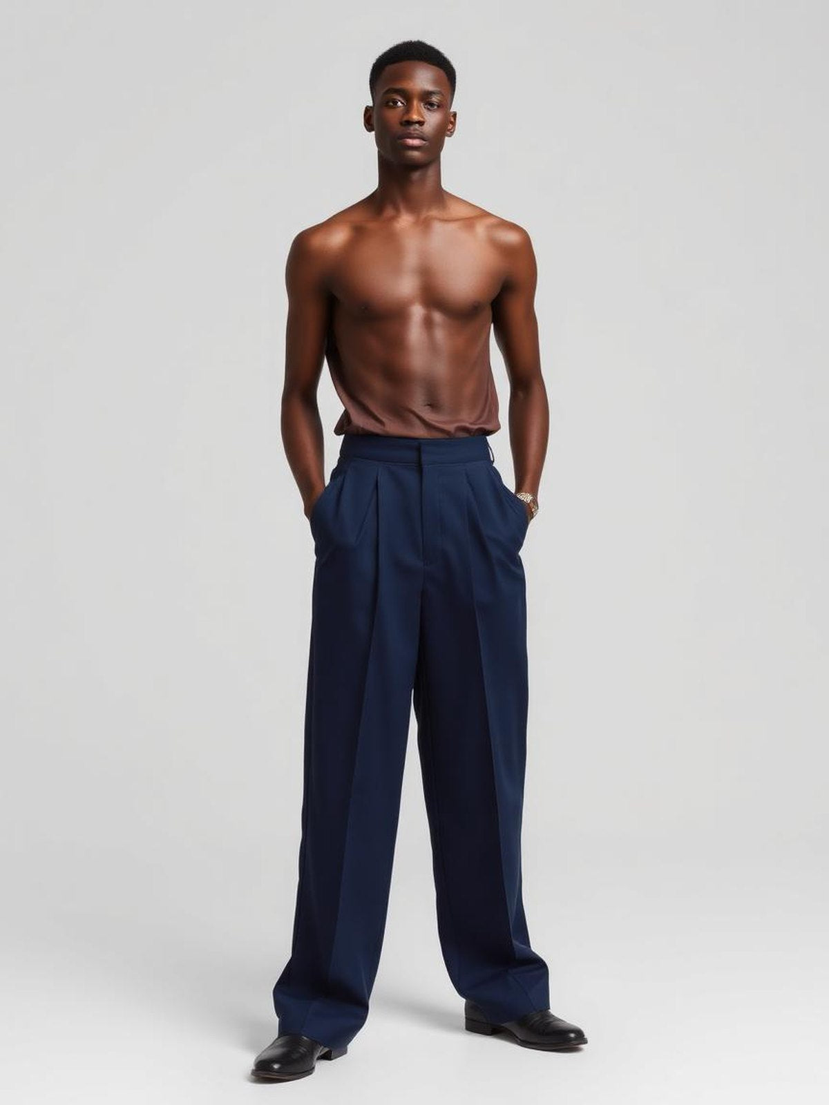Navy Pleated Wide Trousers