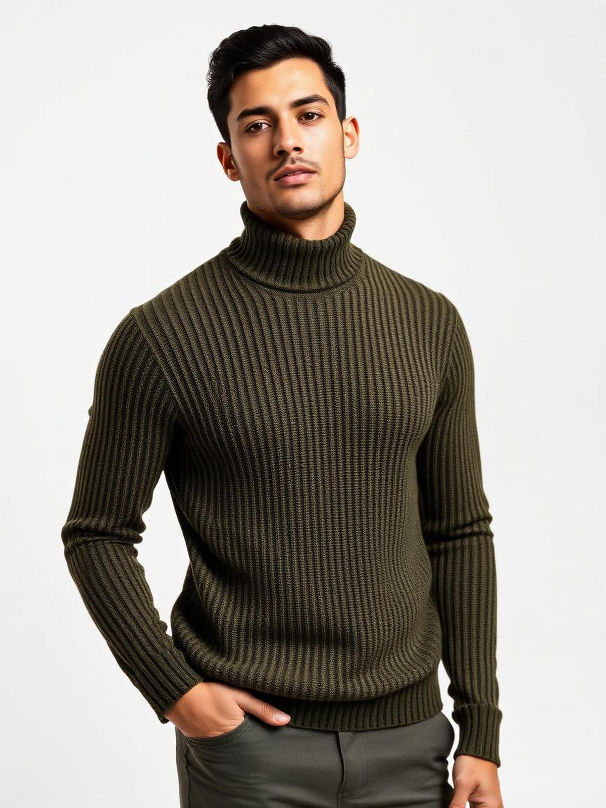 Olive Ribbed Turtleneck Sweater