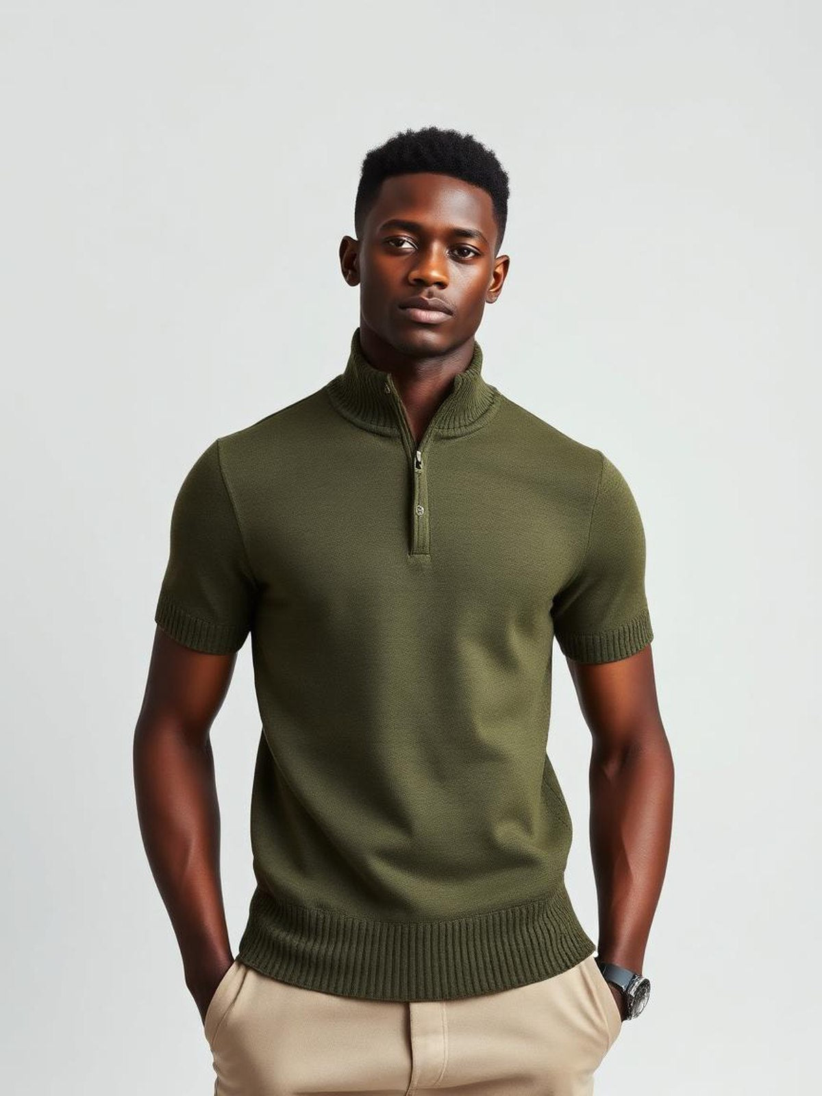 Olive Zip Neck Polo
