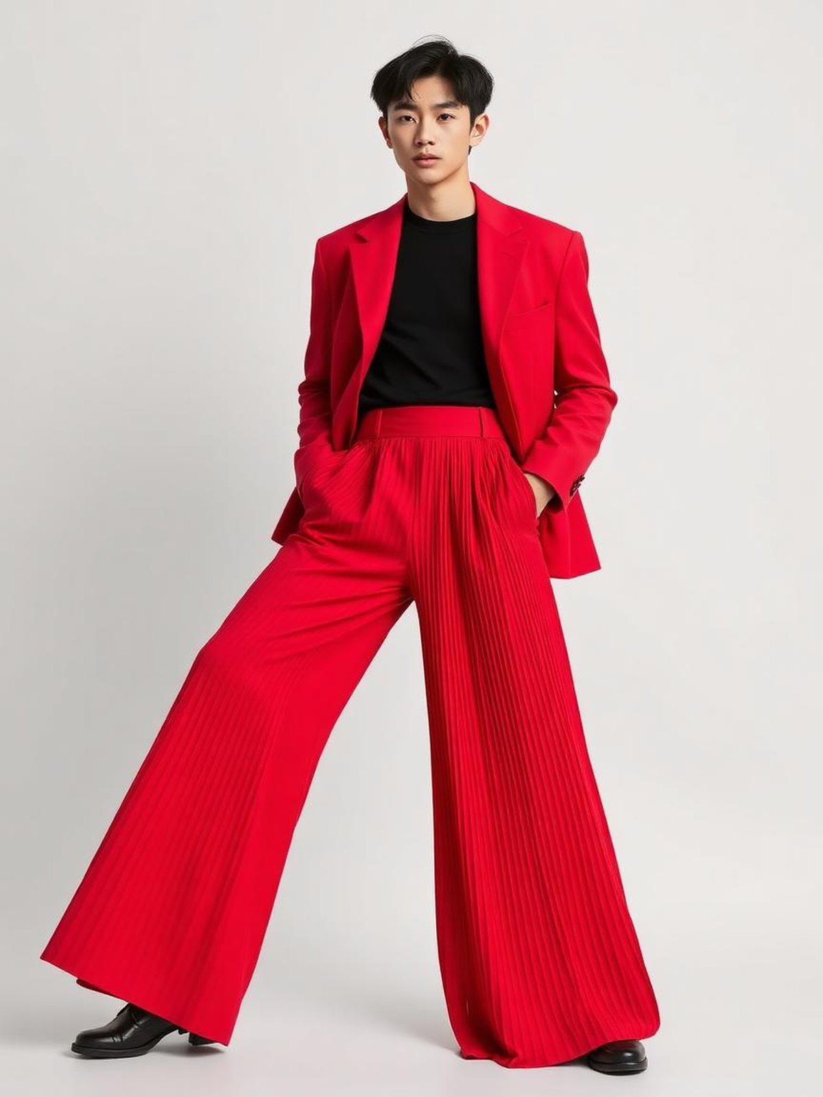 Red Pleated Wide Trousers