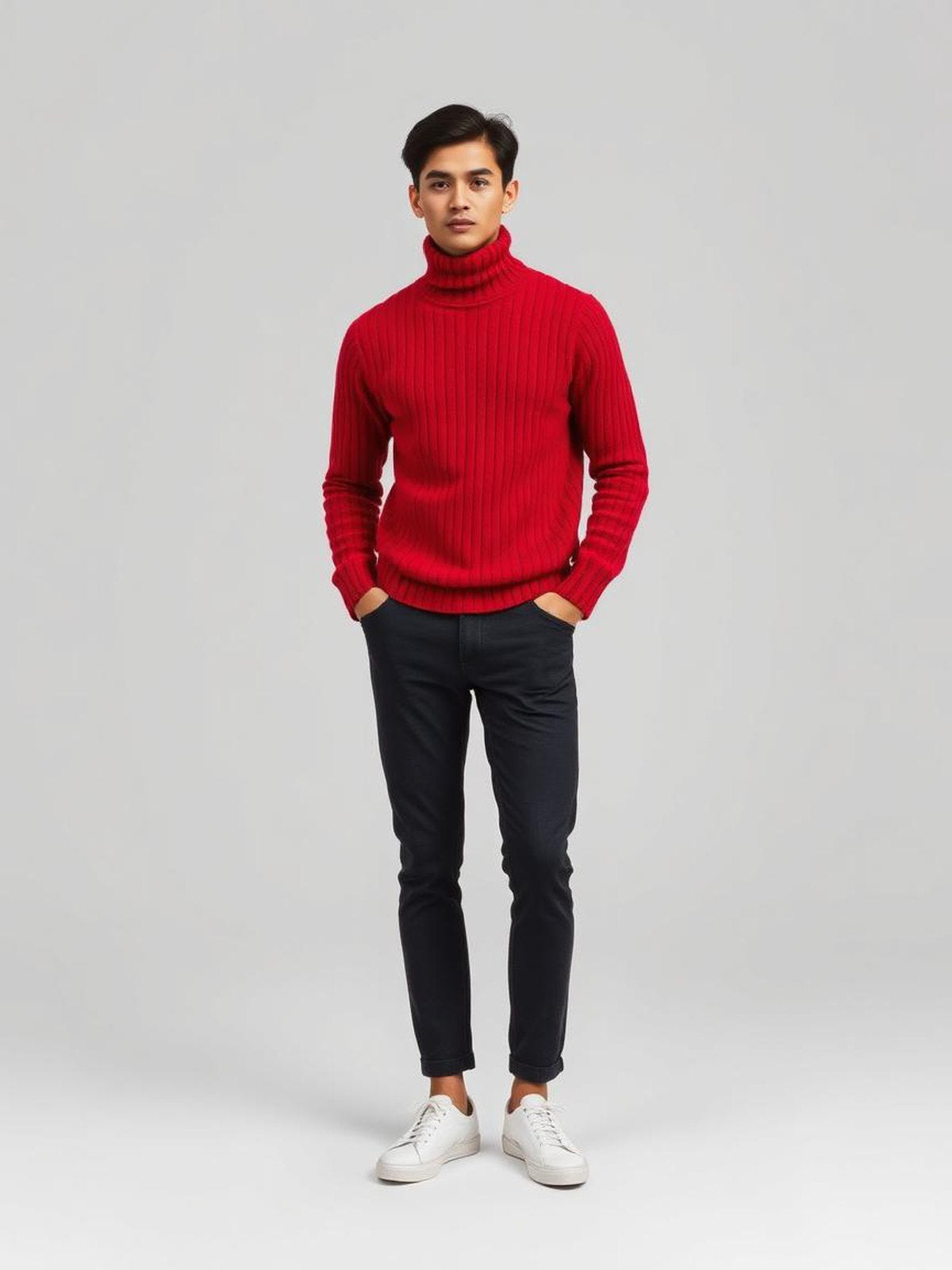 Red Ribbed Turtleneck Sweater