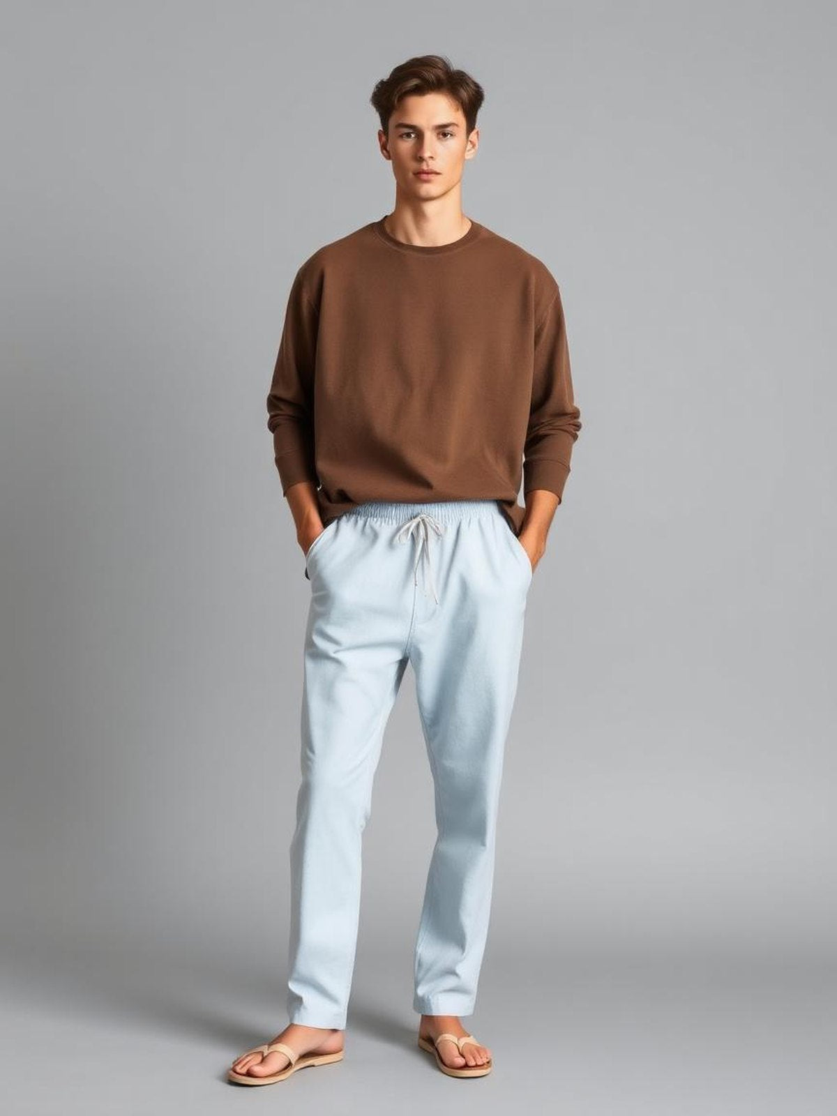 Sky Blue Drawstring Linen Trousers