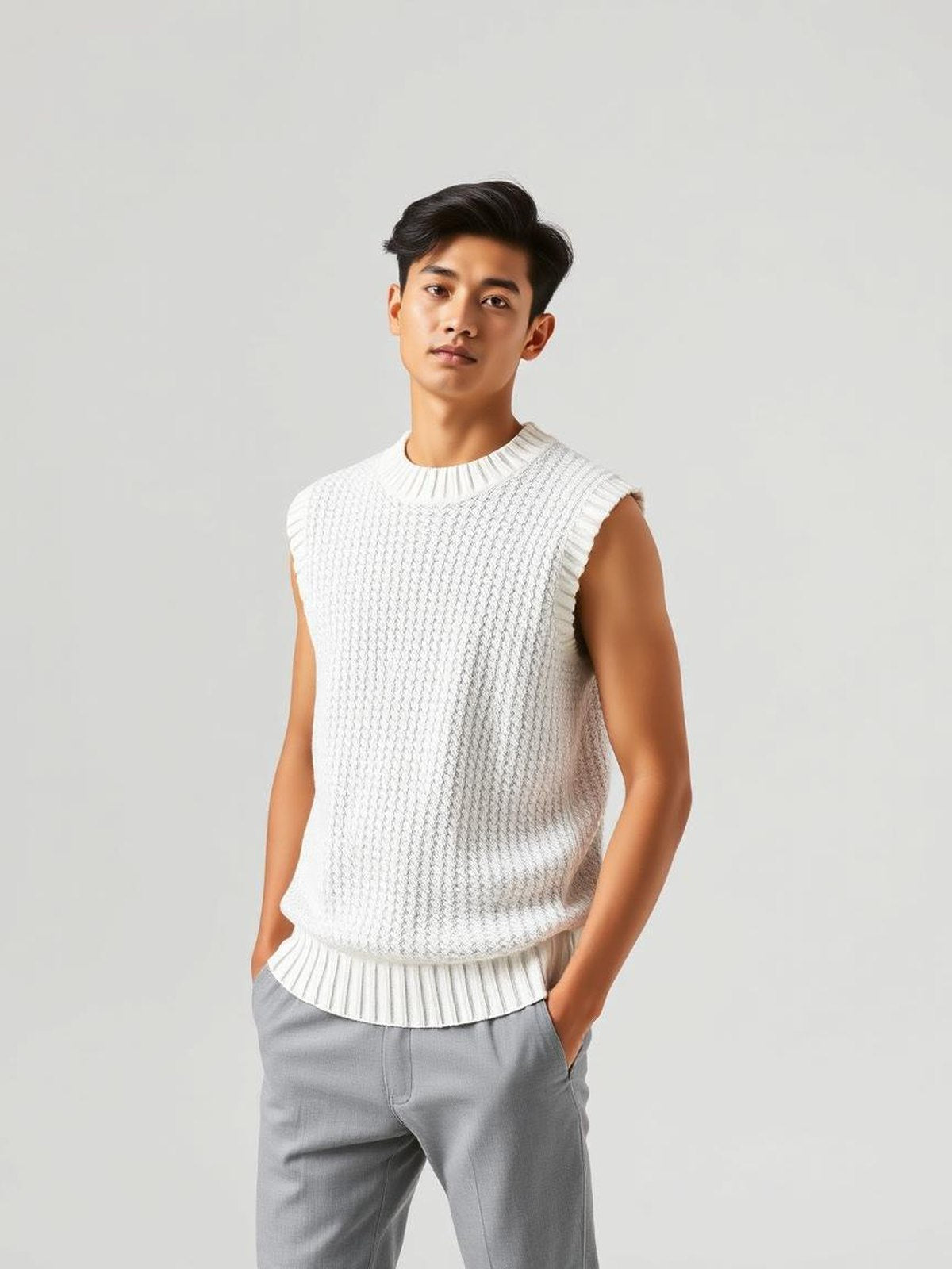 White Textured Knit Sweater Vest