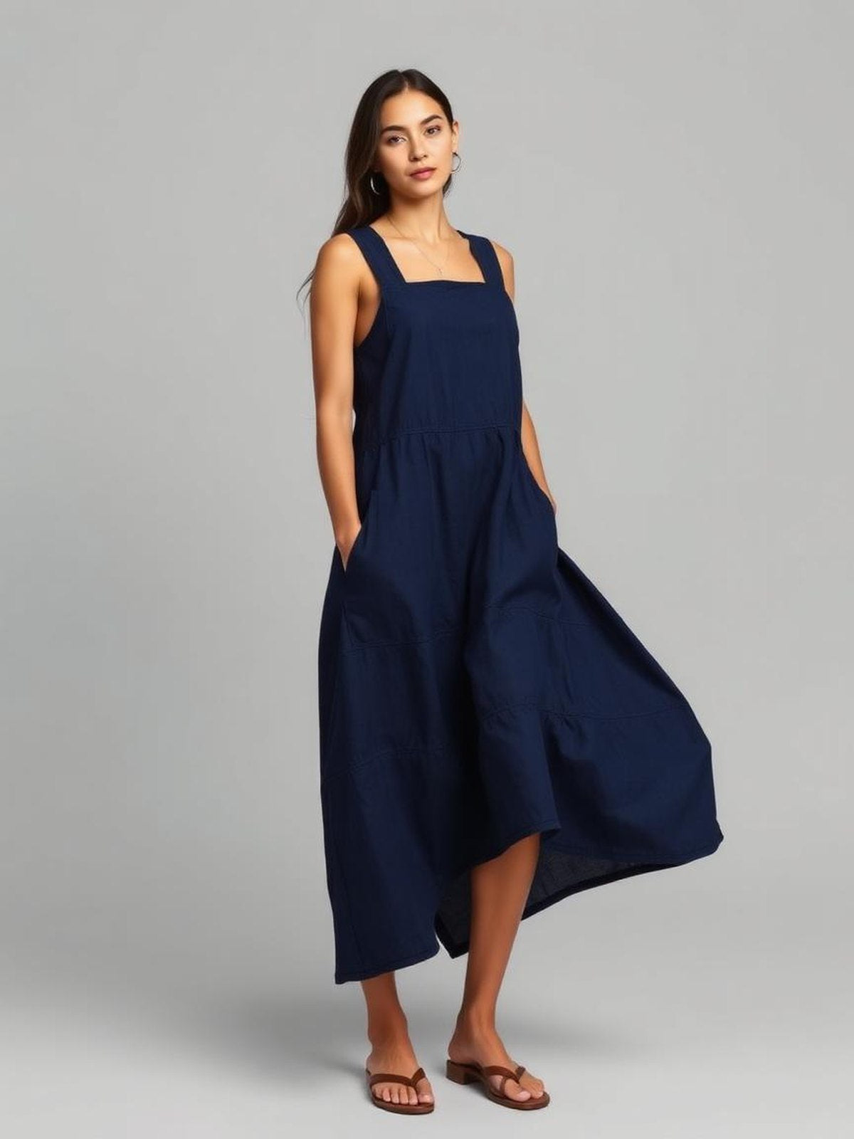 Navy Linen Pinafore Dress