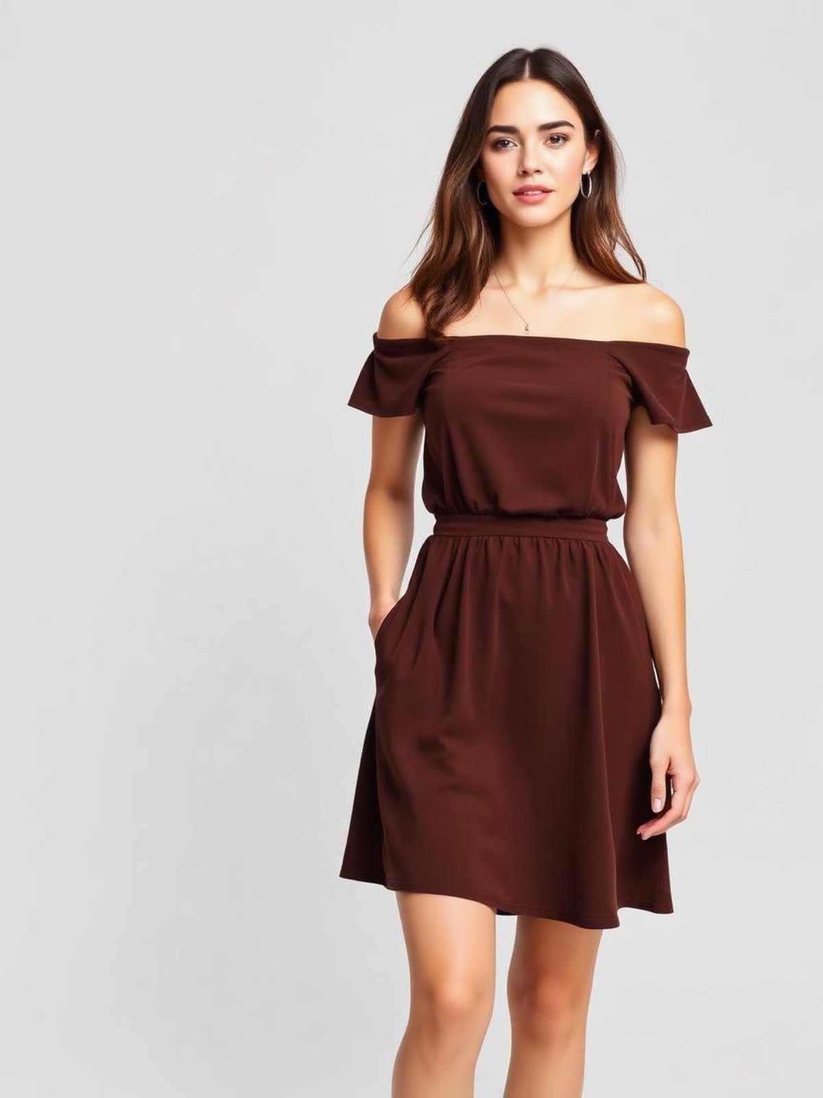 Off-Shoulder Mini Dress — Brown