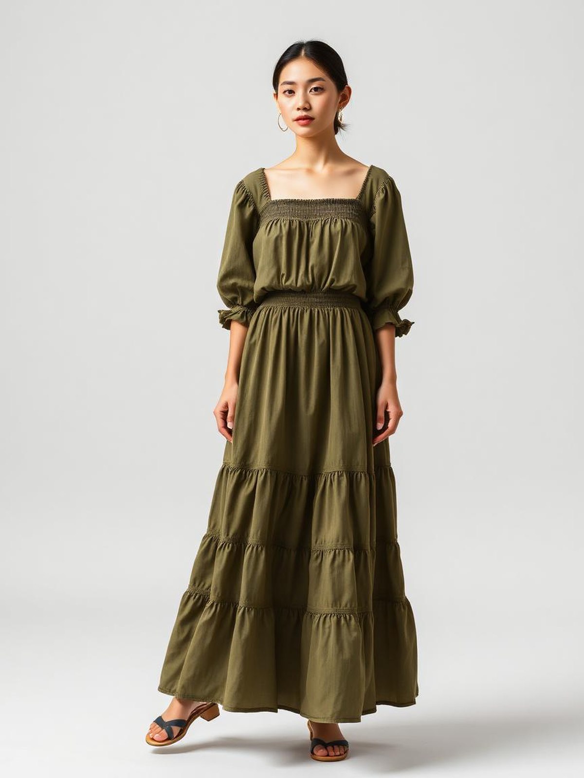 Olive Smocked Tiered Maxi Dress