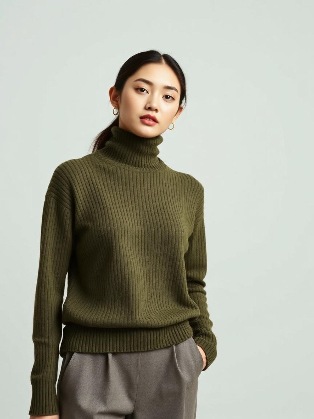 Olive Turtleneck Ribbed Sweater