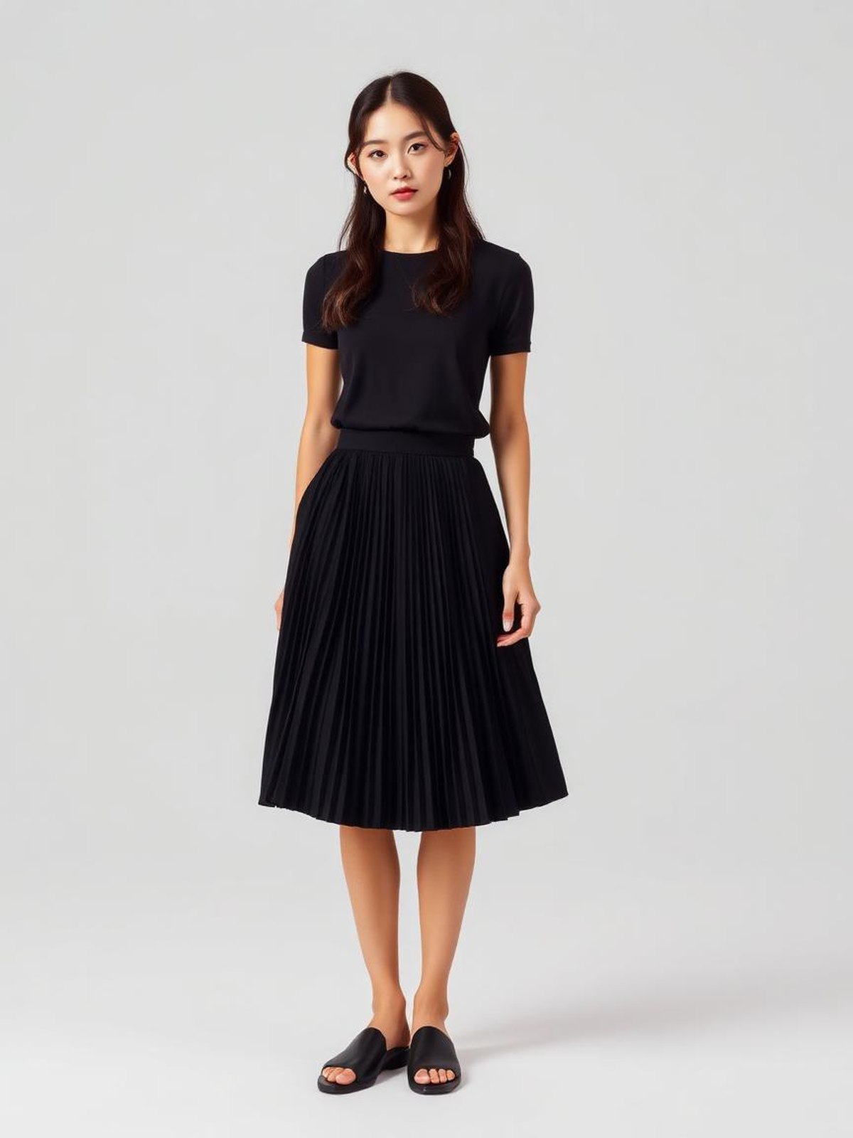 Pleated Midi Skirt — Black