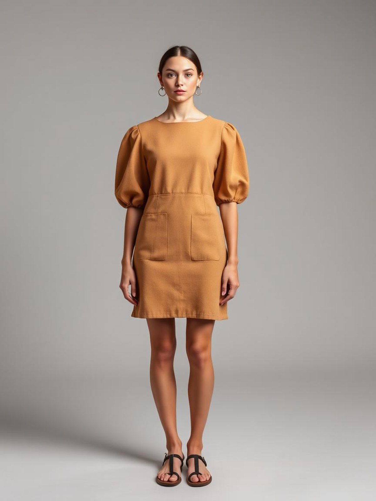 Puff Sleeve Mini Dress — Camel