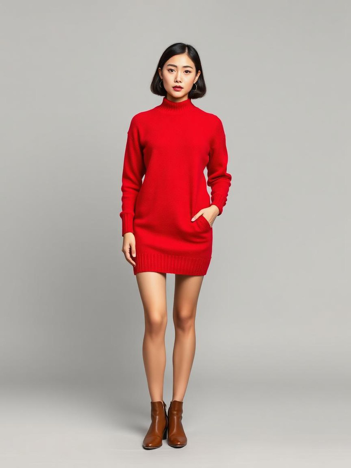 Red Knitted Sweater Dress — Red