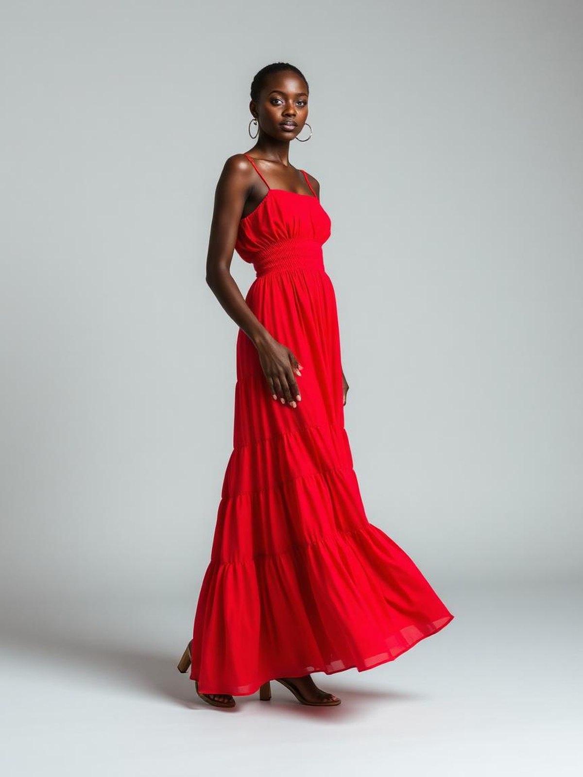 Red Smocked Tiered Maxi Dress