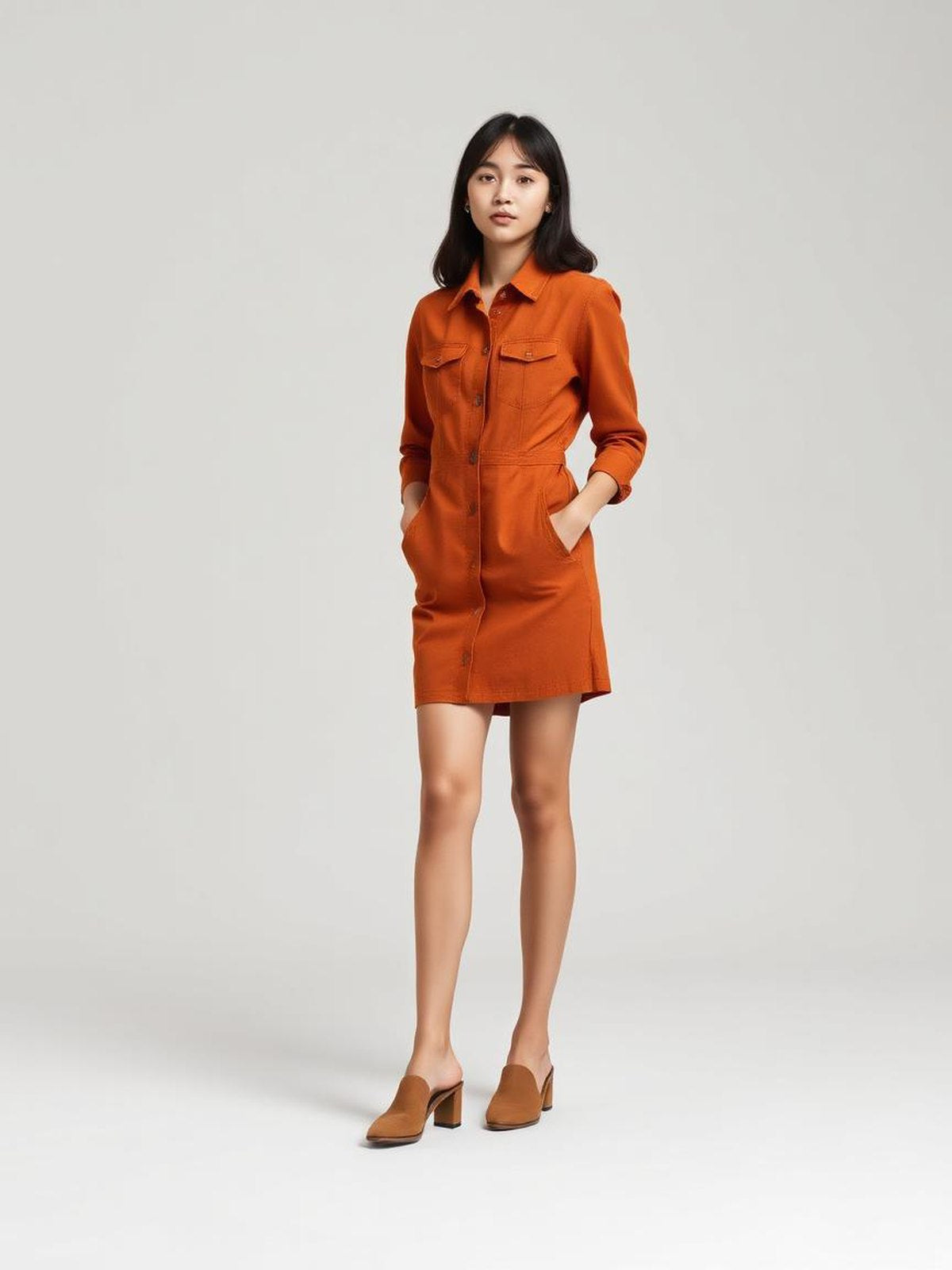 Rust Denim Button-Front Dress