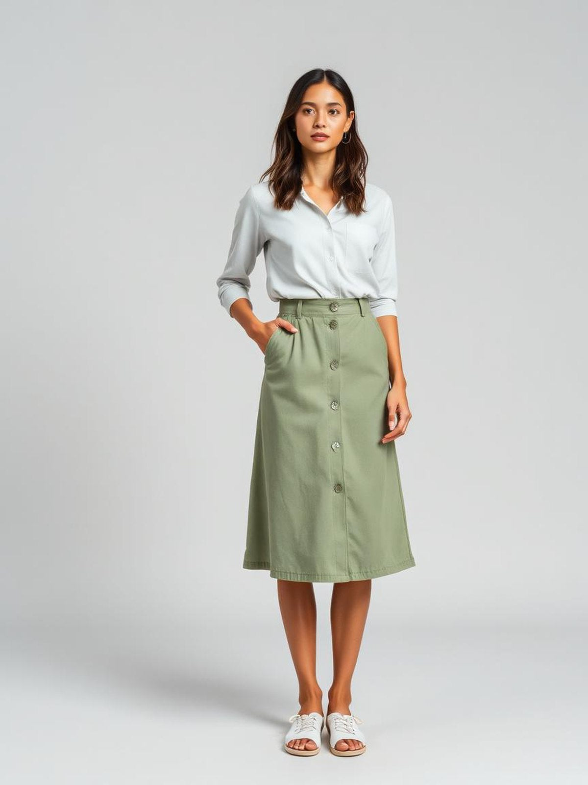 Sage A-Line Buttoned Skirt