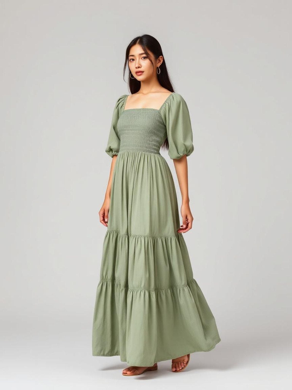 Sage Smocked Tiered Maxi Dress