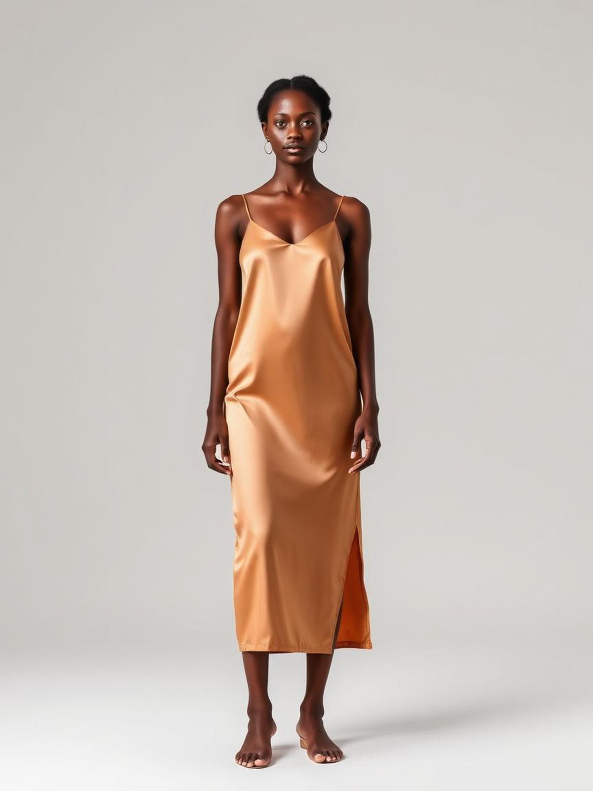 Satin Slip Dress — Camel