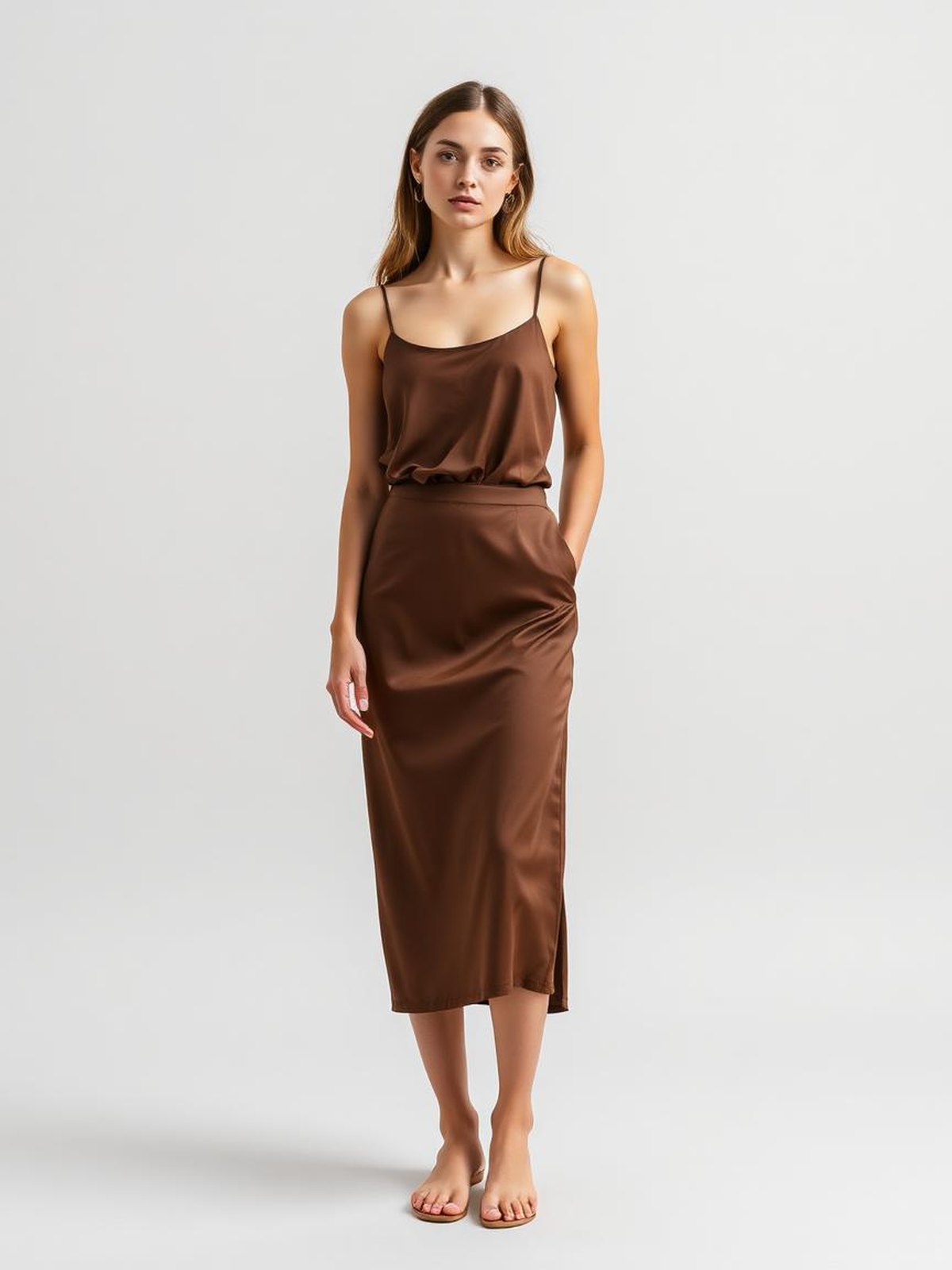 Satin Slip Skirt — Brown