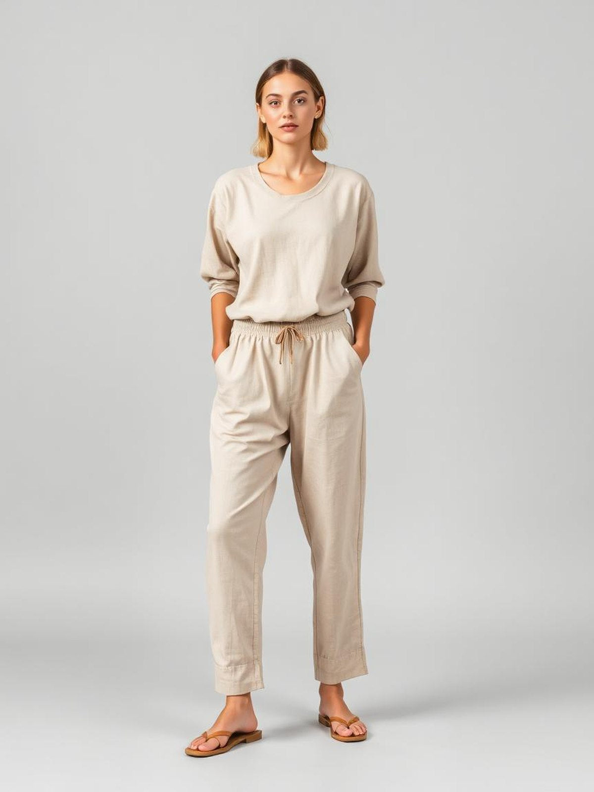 Stone Linen Drawstring Trousers