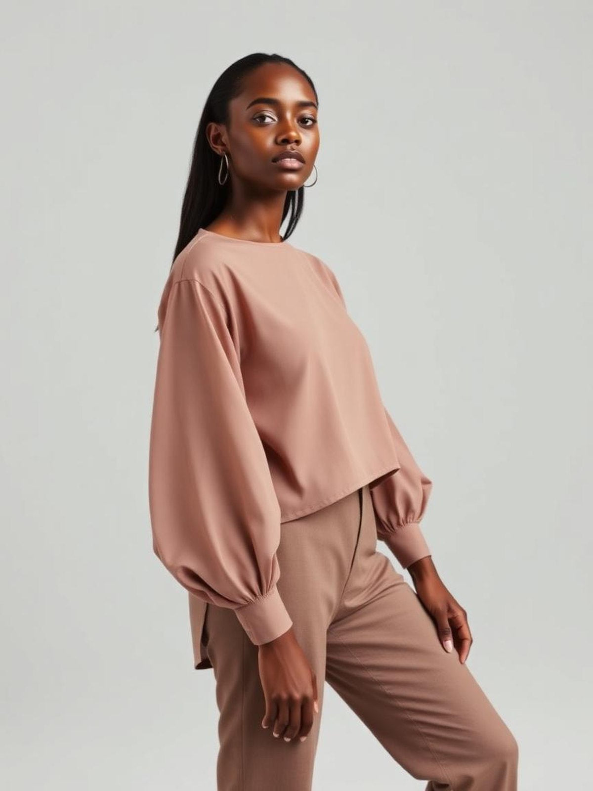 Taupe Balloon Sleeve Blouse