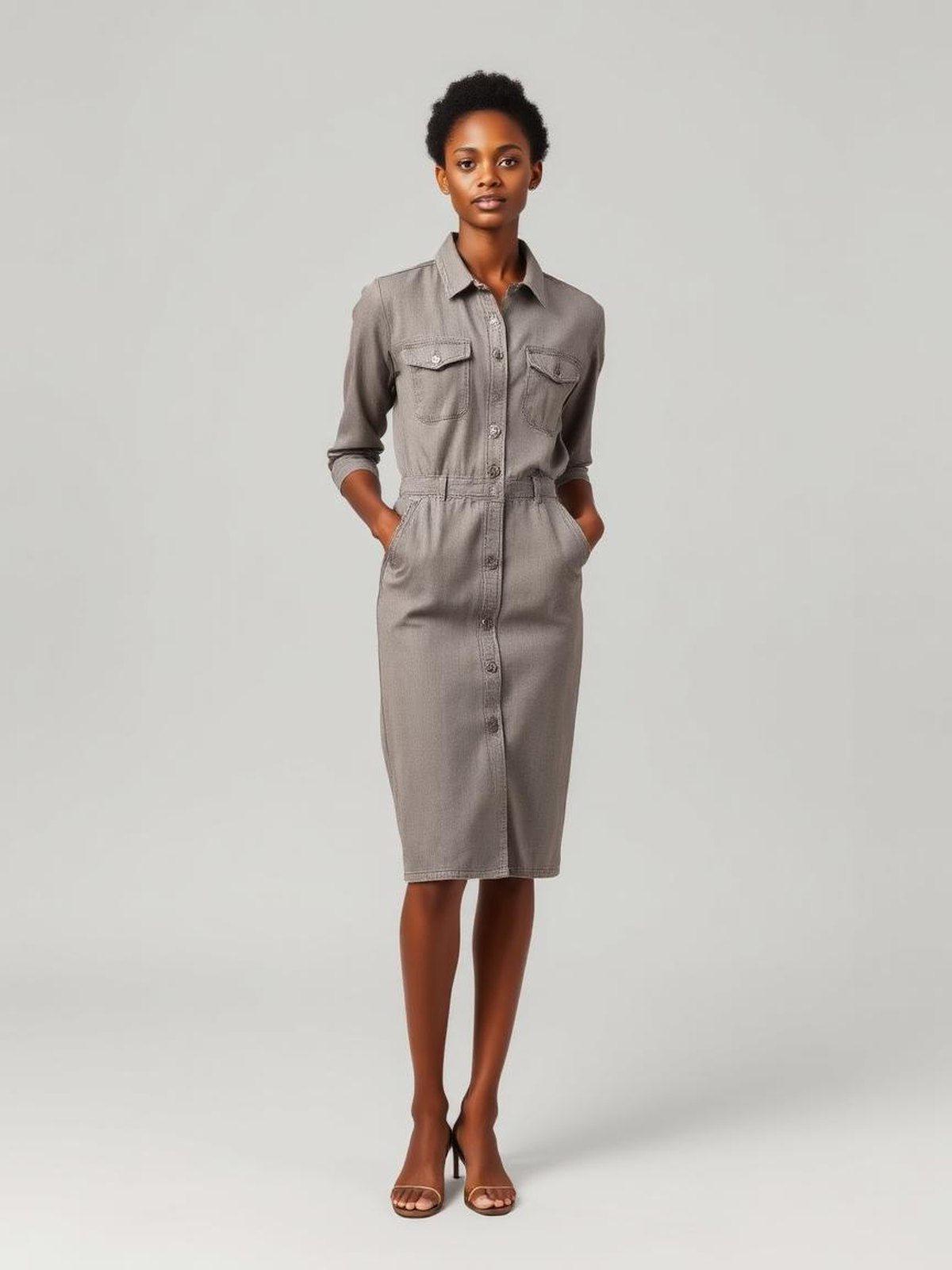 Taupe Denim Button-Front Dress