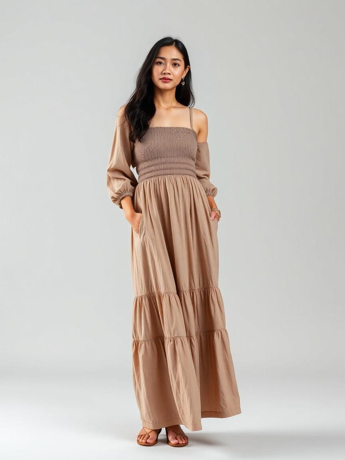 Taupe Smocked Tiered Maxi Dress