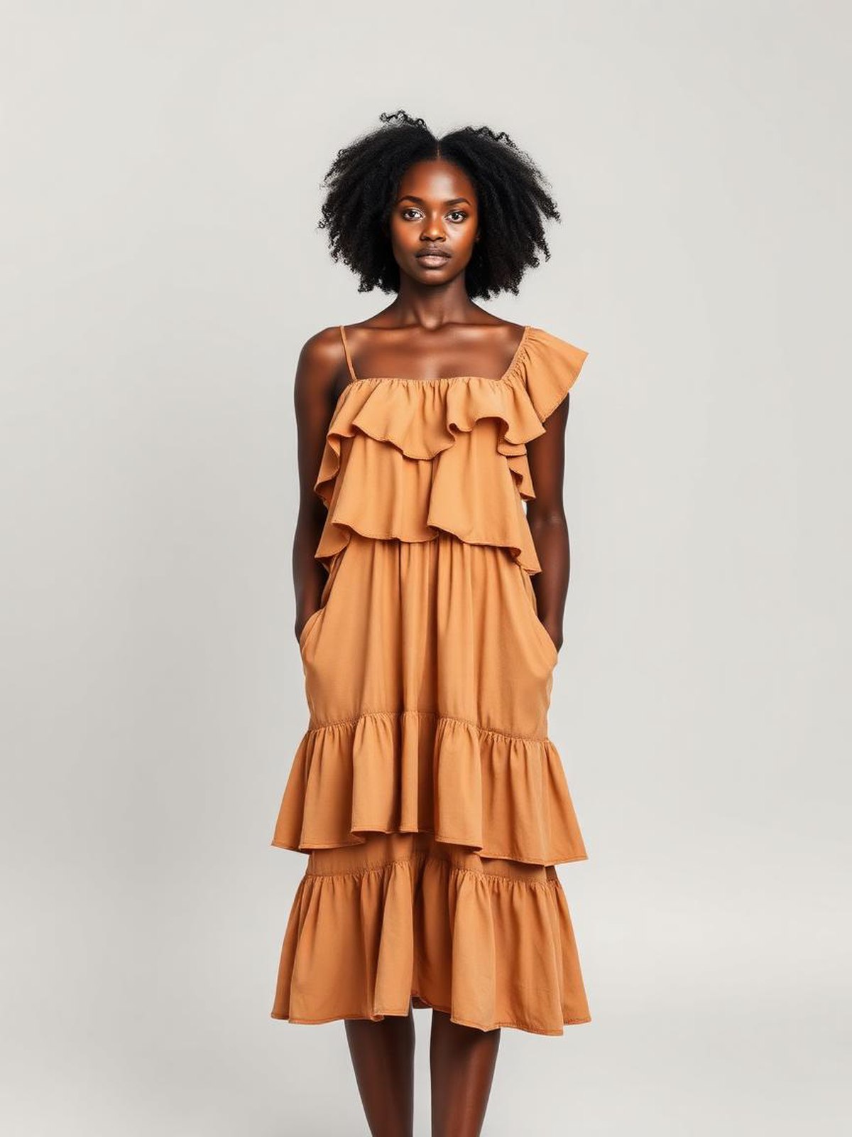 Tiered Ruffle Dress — Camel