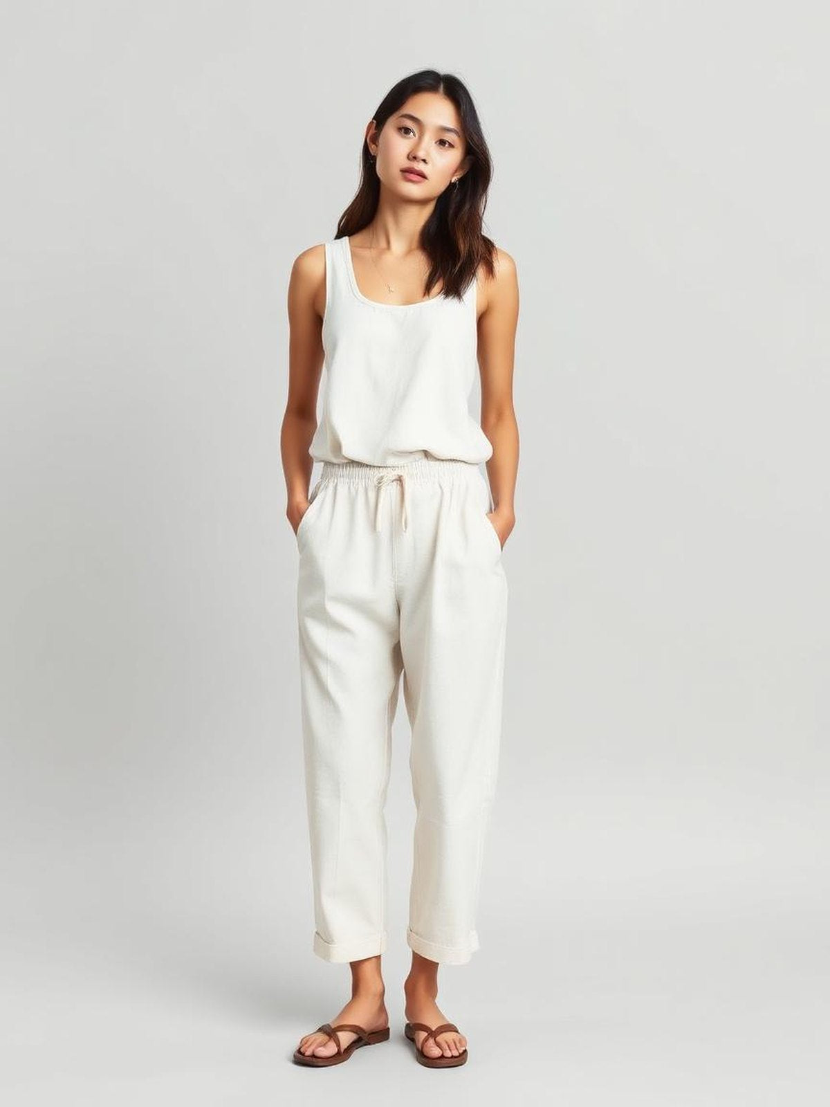 White Linen Drawstring Trousers