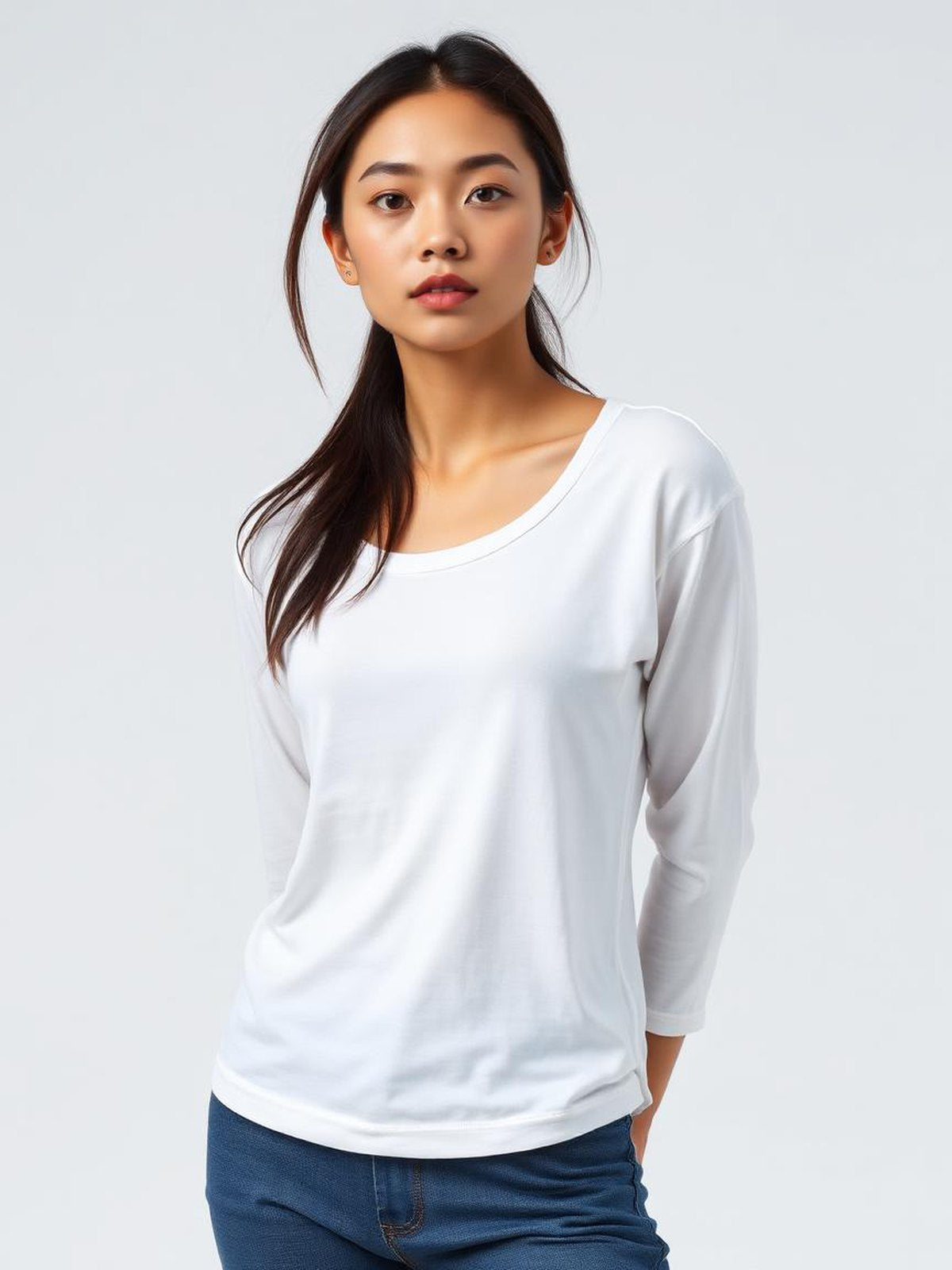 White Scoop Neck Long Sleeve Tee