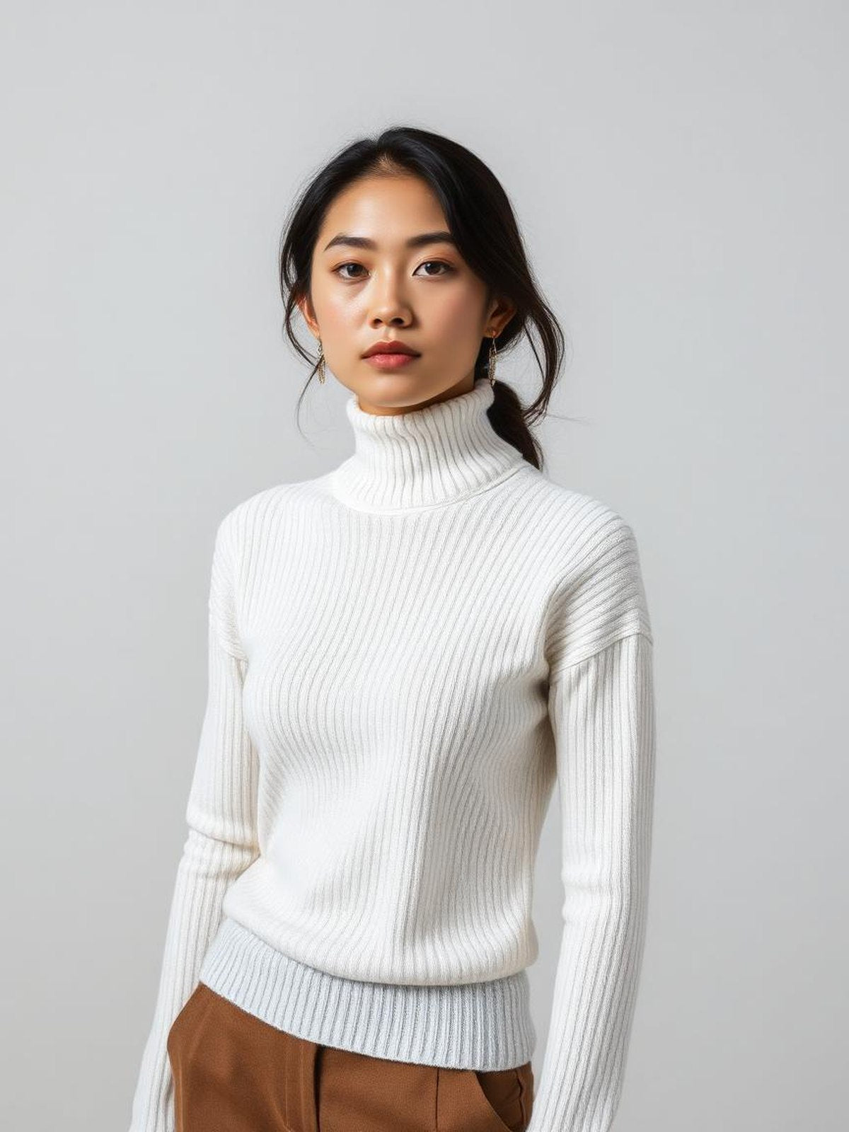 White Turtleneck Ribbed Sweater